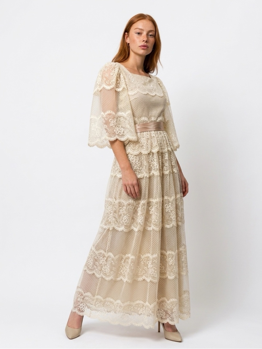 Vintage 1970s Albert Nipon Lace Wedding Gown - Romantic Boho Bridal Dress - XS